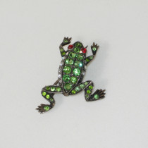 19th Century British "Tree Frog" Brooch, silver set with green and clear paste jewels, red cabochon jewel eyes, marked, c. 1895