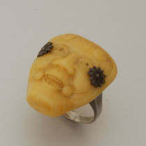 Japonisme "Samurai" ring, carved bone with sterling shank and floral studs, marked, c. 1880's
