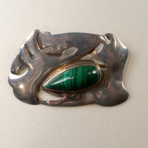 Carence Crafters Arts & Crafts "Celtic" Brooch, sterling set with a large cabochon malachite teardrop shaped jewel, signed, c. 1910