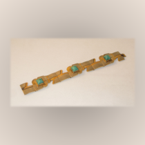 British "Art Deco" Revival Bracelet, sterling with gilding and cabochon square green agates, marked, c. 1970's