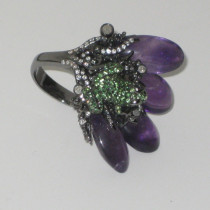 Chinese "Frog & Flower" Ring, amethyst, demantoid garnets and diamonds set in sterling with a black patina, c. 2000