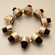 Hans Hansen "Button" Bracelet, sterling set with onyx, signed, c. 1950's-60's