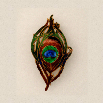 Piel Frères "Peacock Feather" Brooch,  champlevé enamel and a blue glass eye set in gilt copper, marked, c. 1900