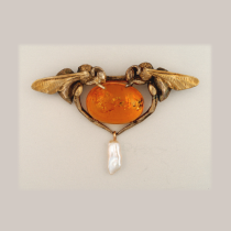 Paul Emile Brandt "Bees" Brooch, gilt silver set with a cabochon amber and freshwater pearl, marked, c. 1900