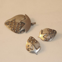 Miye Matsukata / Atelier Janiye (Boston, MA) "Cubist strawberry" Brooch and Earrings, sterling, signed, c. 1960's