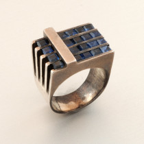 Margaret De Patta "Modernist" Ring, channel set square sapphires set in sterling, signed, c. 1930's