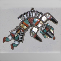 Ida Payton Zuni "Rain Dancer" Pendant Necklace, sterling inlaid with turquoise, jet, abalone, spiny lobster shell and carol, signed, c. 1950's