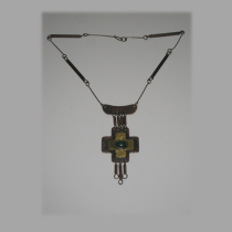 Studio pendant necklace from Chile, hammered brass and copper set with a oval malachite cabochon, marked, c. 1950's