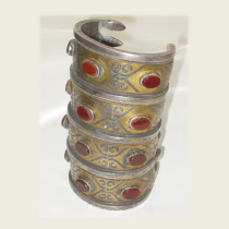 "Turkoman" Large Cuff / Bracelet, gilt silver with red carnelian oval inset jewels, c. 1900
