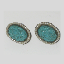 Tibetan Earrings, carved floral turquoise with seed pearls border design on silver, c. 1930's