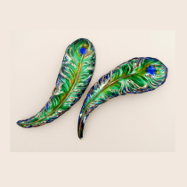 Sir Edward Burne-Jones (attr.) for Child & Child, London (1880-1898) "Peacock" feather brooches, enameled sterling, signed, original leather box, c. 1890