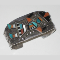 Leo Poblano (attr.) Zuni "Rain Dancer" Cuff / Bracelet, sterling inlaid with turquoise, jet, abalone and spiny oyster shell, c. 1930's