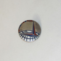 American Art Deco "1939 World's Fair" Lapel Pin / Brooch, champleve enamel on silvered brass, marked, c. 1939