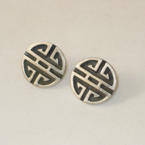 American Art Deco "Greek Key" Earrings, sterling with black patinated details, marked, c. 1940's