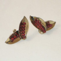 American Art Deco "Lipstick Tree Blossom" Earrings, gilt sterling with red beads, marked, c. 1940