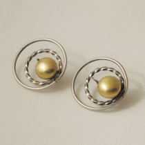 American Art Deco "Ball and Hoop" Clip Earrings, sterling with gilt details, signed, c. 1940's
