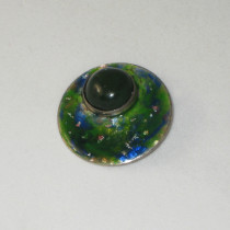 American Arts & Crafts "Celestial" Brooch, sterling set with a large round jade cabochon and blue and green enamel with metal foil flakes, marked, c. 1915