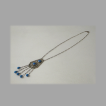 American Arts & Crafts "Swirl Motif" Pendant Necklace, sterling set with five beads and two round cabochon sodalite jewels, marked, c. 1905