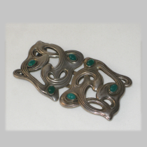 Unger Brothers Art Nouveau "Whiplash" Waist Clasp, sterling set with green chrysophrase cabochons, marked, c. 1905