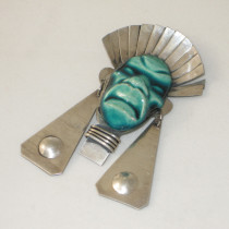 Elzac / Zach Zembry “Tribal Mask” Brooch, sterling, Elliot Handler glazed pottery mask face, marked, c. 1940’s