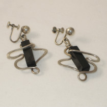 American Studio "Squiggle" Earrings, sterling with onyx, marked, c. 1950's