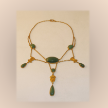 German Jugendstil / Darmstadt Necklace, Gilt silver with three Entrelac Medallions and large oval Green Aventurines Cabochons, marked, c. 1910