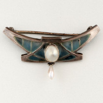 Theodor Fahrner Abstract Brooch, Silver with Plique-à-jour enamel and set with two natural pearls, signed, c. 1905
