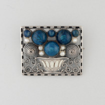 Theodor Fahrner "Jugendstil Planter" brooch, silver and enamel set with sodalite cabochons and pearls, signed c. 1905