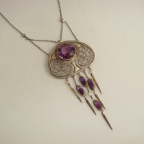 Theodor Fahrner Pendant Necklace, Sterling with Amethysts and Pearls, signed, c. 1910
