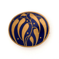 Josef Hoffmann / Johann Souval (maker) / Wiener Werkstaette "Leaf" Brooch, blue champleve enamel on gilt copper, marked, c. 1910