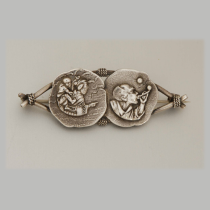 Whiting Co. New York "Two Gods of Fortune", sterling double medallion brooch, signed, c. 1880's