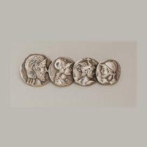 Shiebler "Homeric" Four Coins Brooch, sterling, signed, c. 1880's
