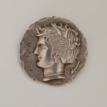 Shiebler "Homeric" large Eipa coin brooch, sterling, signed, c. 1880's