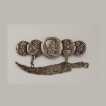 Shiebler "Homeric" Five Coins and Xapie Sword Brooch, sterling, signed, c. 1880's