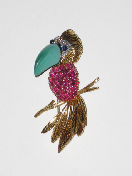 Toucan brooch, Rubies, turquoise, sapphires and diamonds all set in 18K gold, marks, c. 1940’s