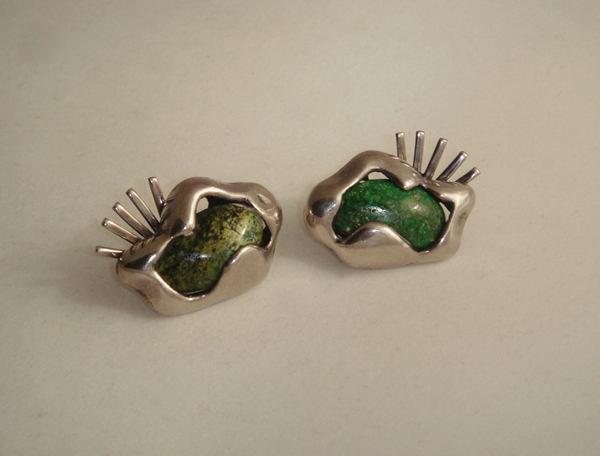 Salvador Teran “Eye” earrings, sterling set with moss agate, signed c. 1940’s