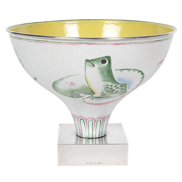 Tommi Parzinger, Sterling and enamel pedestal centerpiece bowl on an attached square base with a frog, lily pad and fish motif as part of the overall enamel design c. 1938