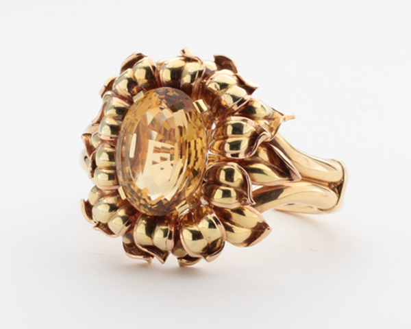 Paul Flato (attr.), Sunflower bracelet, large center oval citrine (100+ carats), 18K gold, marks, c. 1940’s