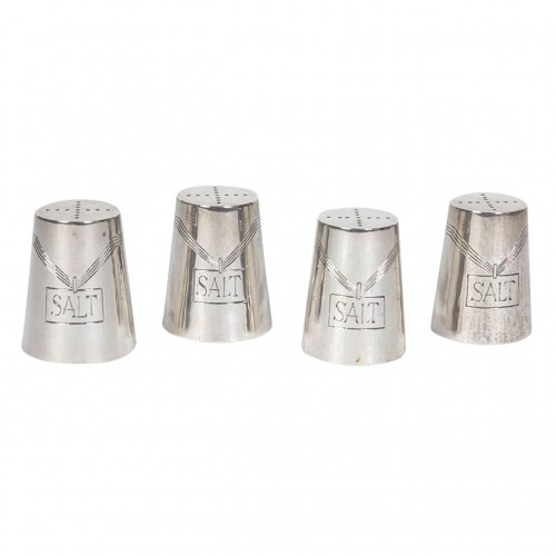 Tommi Parzinger, Sterling set of four salt shakers with ribbon and hanging pendant motif c. 1938