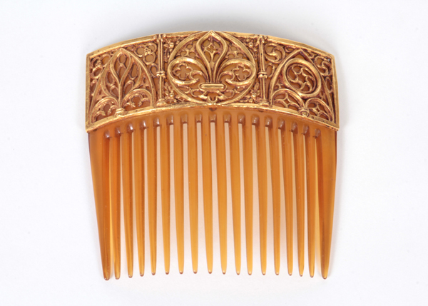 Wiese, Jules & Louis, France, Gothic Revival carved  18K gold and horn hair comb, original leather box, signed, c. 1880