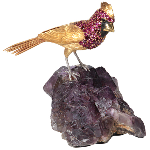 Asprey & Co., Important Cardinal Sculpture gem set with natural rubies, 18K gold and amethyst quartz, signed,1980