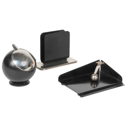 Marianne Brandt / Metallwarenfabrik Ruppelwerk / F.W. Quist Bauhaus Black enameled desk accessories & ashtray c. 1930
