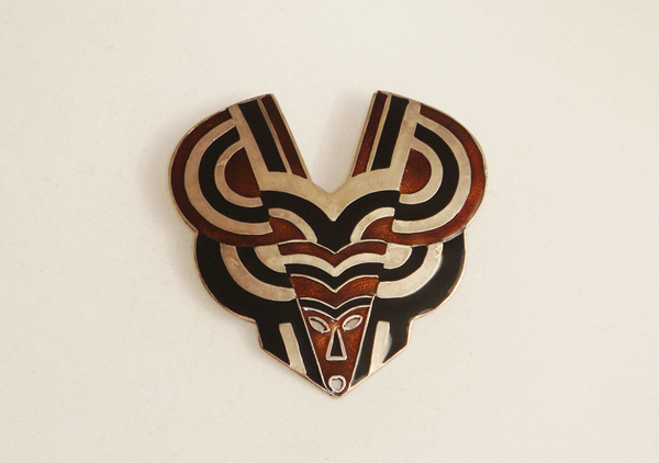 Margot de Taxco “Jaguar Mask” brooch, sterling with brown and black champleve enamel, signed c. 1950’s