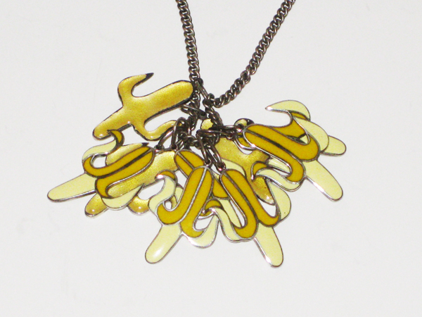 American “Pop Art Bananas” charm necklace, enameled silver charms and silver link necklace, marks c. 1960
