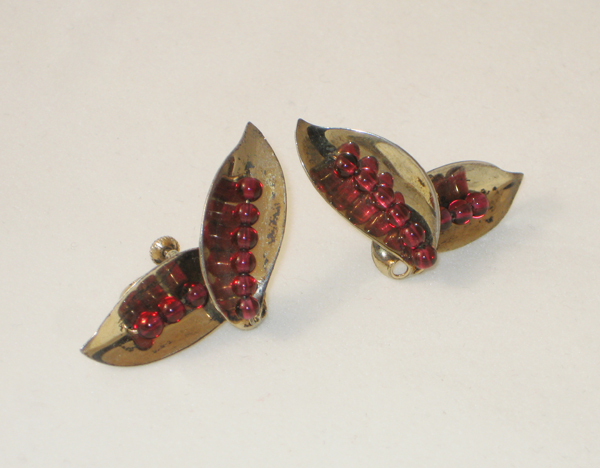 American “Seed Leaf” earrings, gilt silver set with Garnet beads, signed c. 1940’s