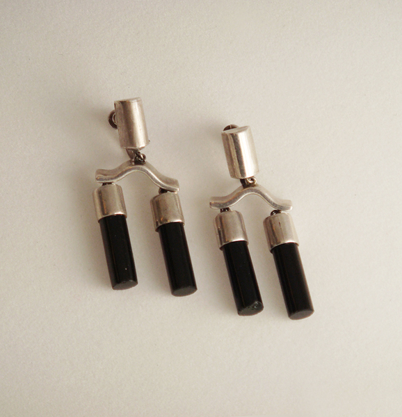 Antonio Pineda “Suspended Cylinder” earrings, sterling and onyx, signed c. 1950’s