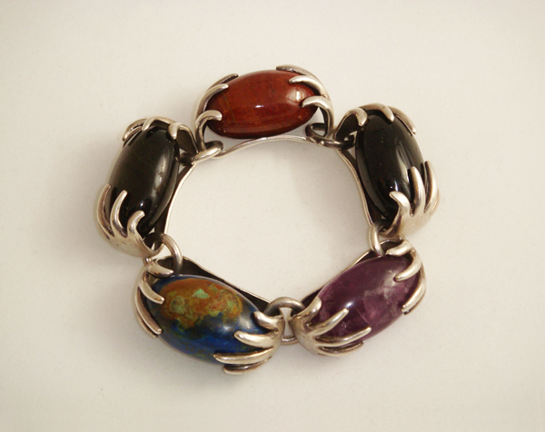 Los Castillos “Hands and Eggs” bracelet, sterling set with large round stones of amethyst, carnelian, lapis, onyx and obsidian, signed c. 1940’s