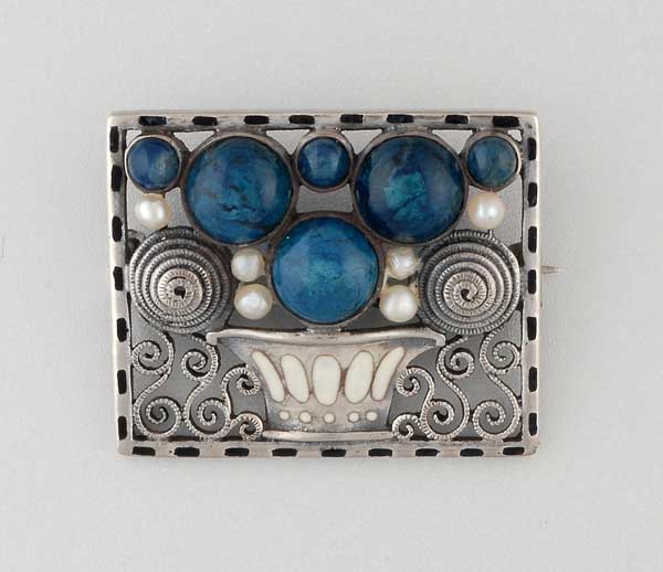 Theodor Fahrner “Jugendstil Planter” brooch, silver and enamel set with sodalite cabochons and pearls, signed c. 1905