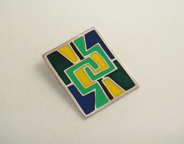 Taxco Mexico “Abstract” brooch, sterling with green, blue and yellow champleve enamel, marks c. 1960’s