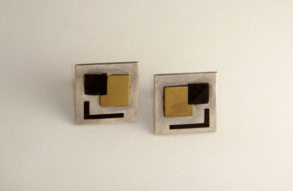 Antonio Pineda “Abstract” geometric cufflinks, sterling set with onyx obsidian and brass, c. 1950’s